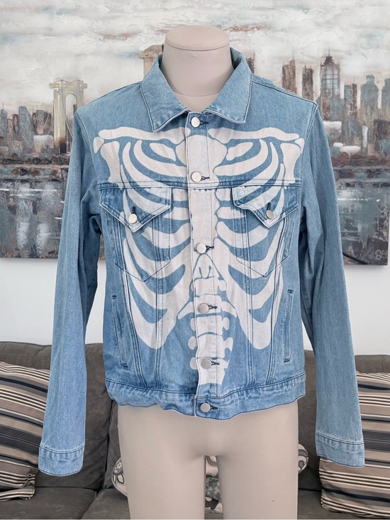 Fashion Nova Other - Fashion Nova Light Blue Denim Jacket with White Skeleton Print